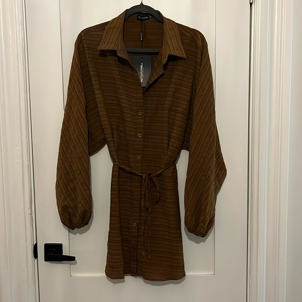 Pretty Little Thing Brown Tie Waist Shirt Dress